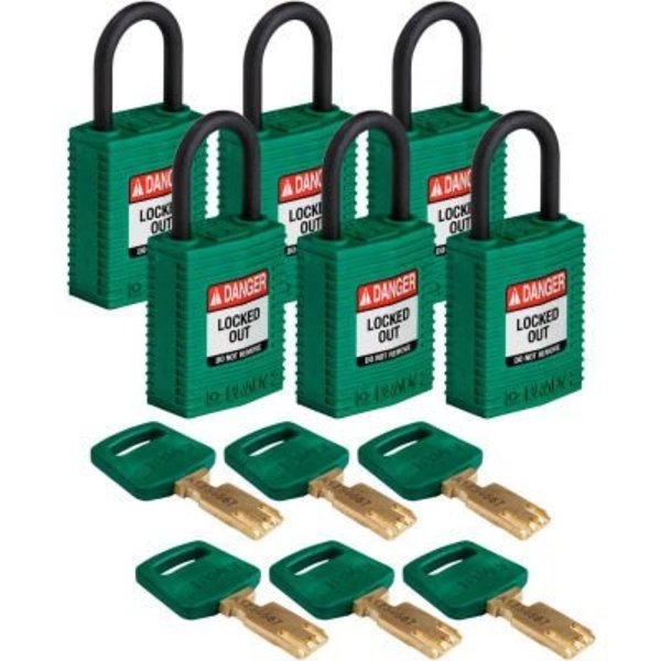Brady Brady® CPT-GRN-25PL-KD6PK Brady SafeKey Lockout Padlock Nylon 1" Plastic Shackle Key Different CPT-GRN-25PL-KD6PK